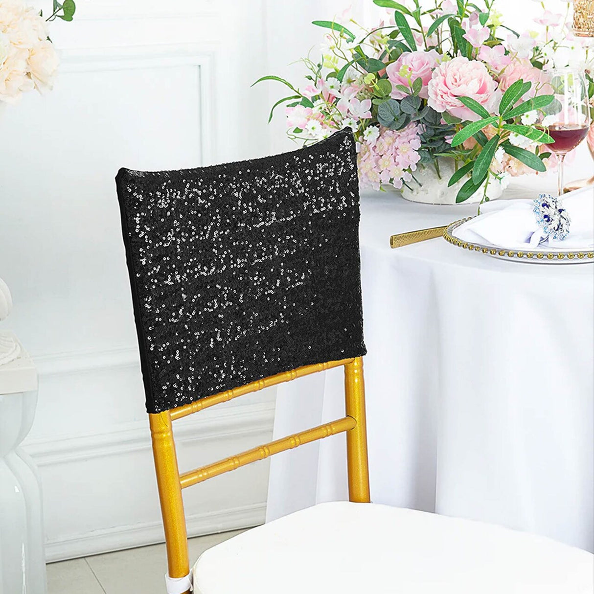 1 Piece Black Sequin Spandex Chair Cap 13.5 inch by 10 inch Banquet Wedding Cover