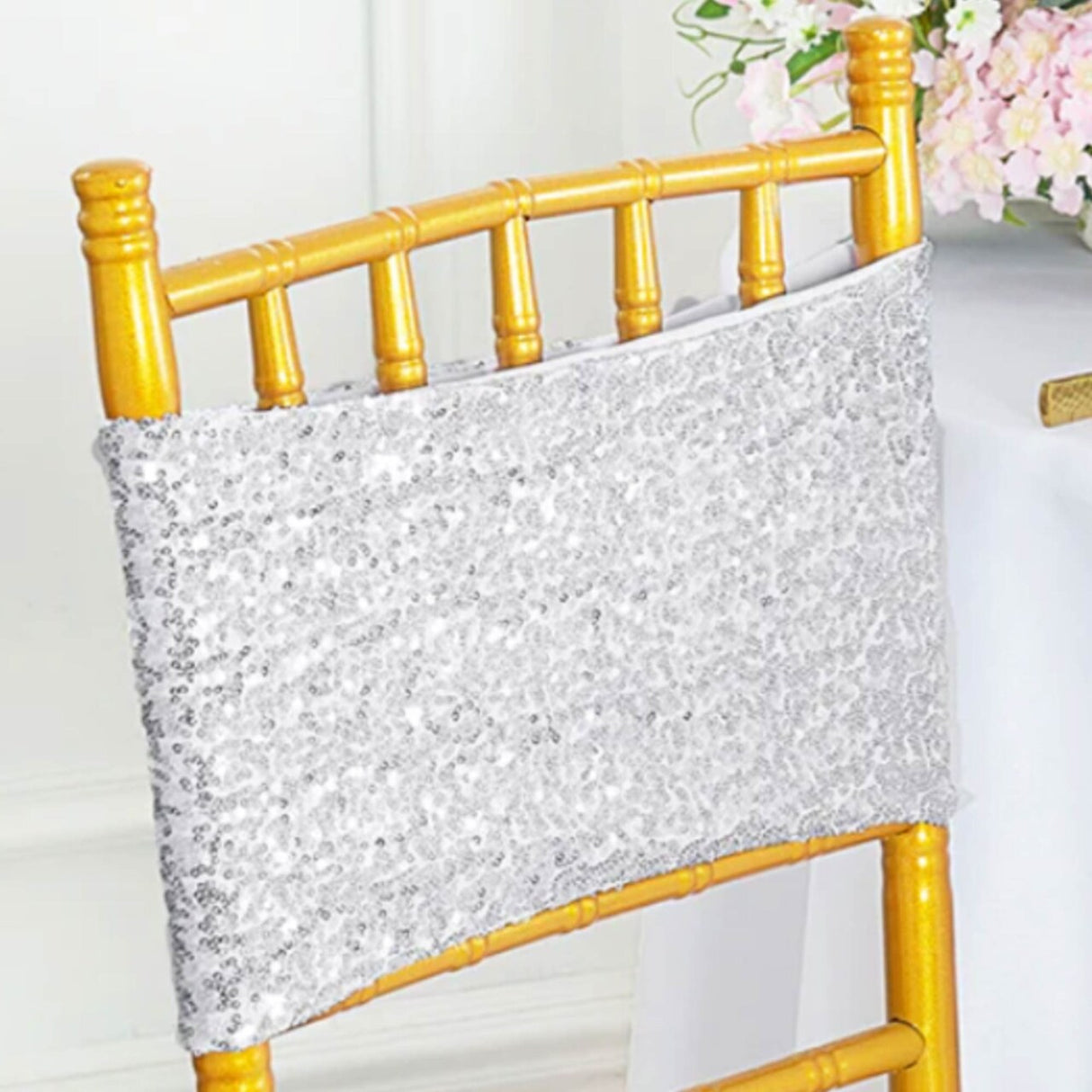 10 Pieces Sparkling Platinum Light Silver Sequin Spandex Chair Bands 7 x 13 Inches