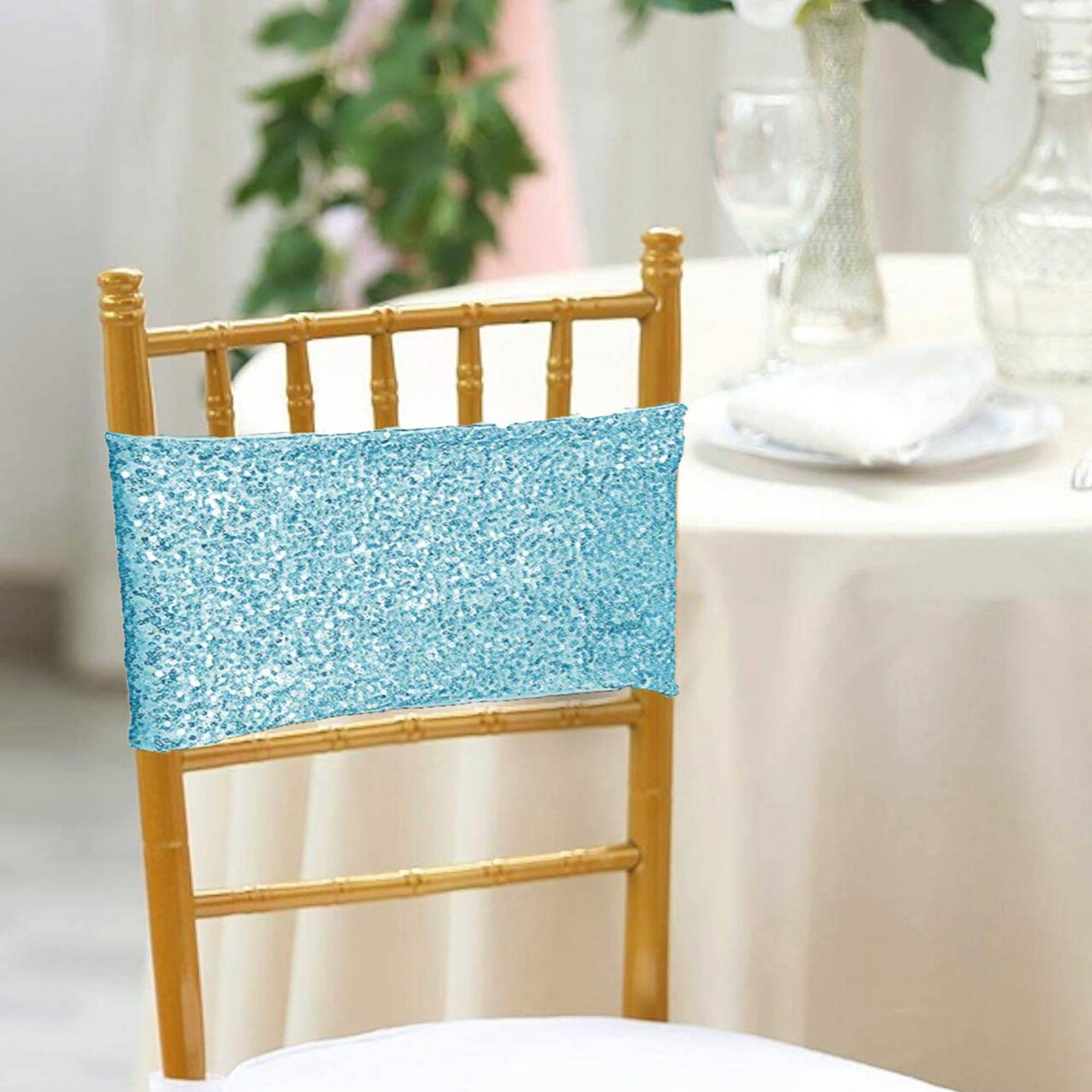 10 Pieces Soft Baby Blue Sequin Stretch Spandex Chair Bands 7 x 13 Inches