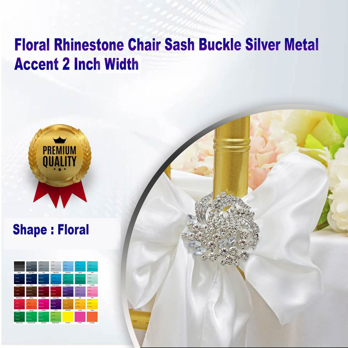 1 Piece Floral Rhinestone Chair Sash Buckle Silver Metal Accent 2 Inch Width