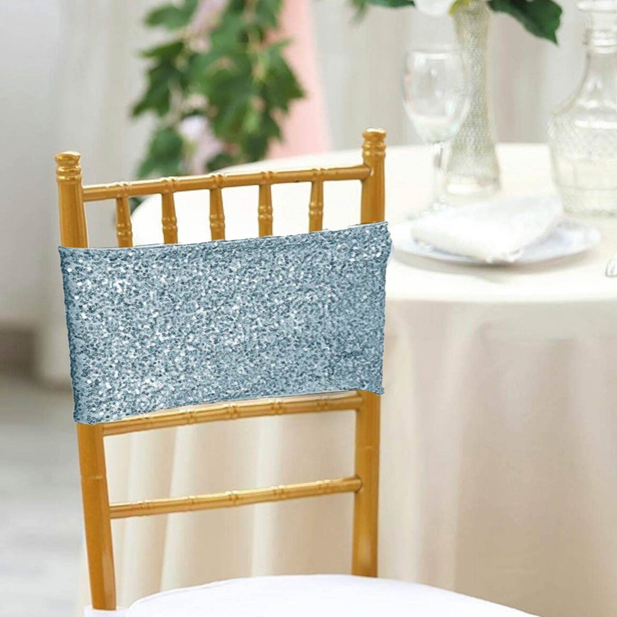 10 Pieces Elegant Dusty Blue Sequin Stretch Spandex Chair Bands 7 x 13 Inches