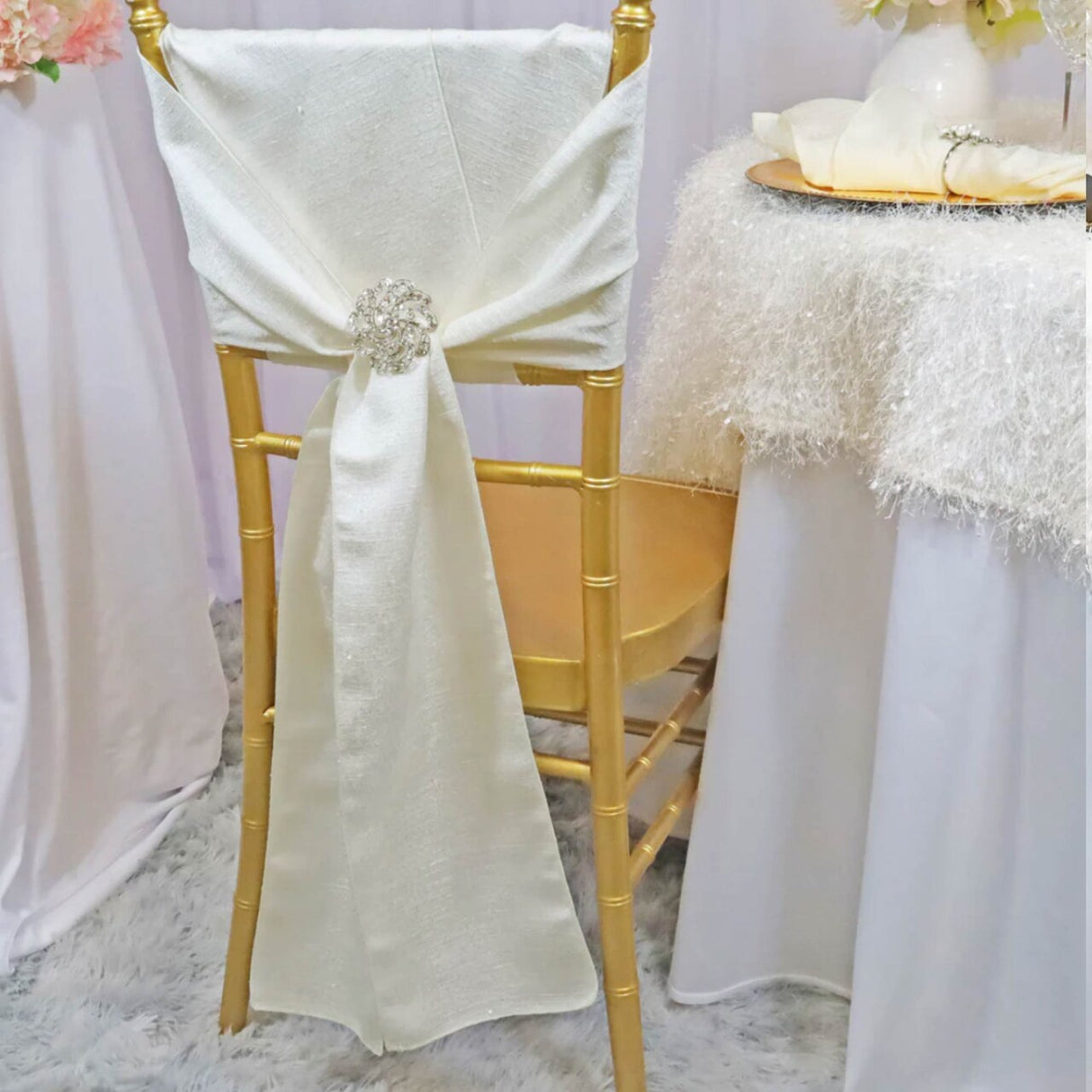 10 Pieces Ivory Sequin Paillette Poly Flax Burlap Chair Sashes 8"x108" Rustic Glamour Event Decor