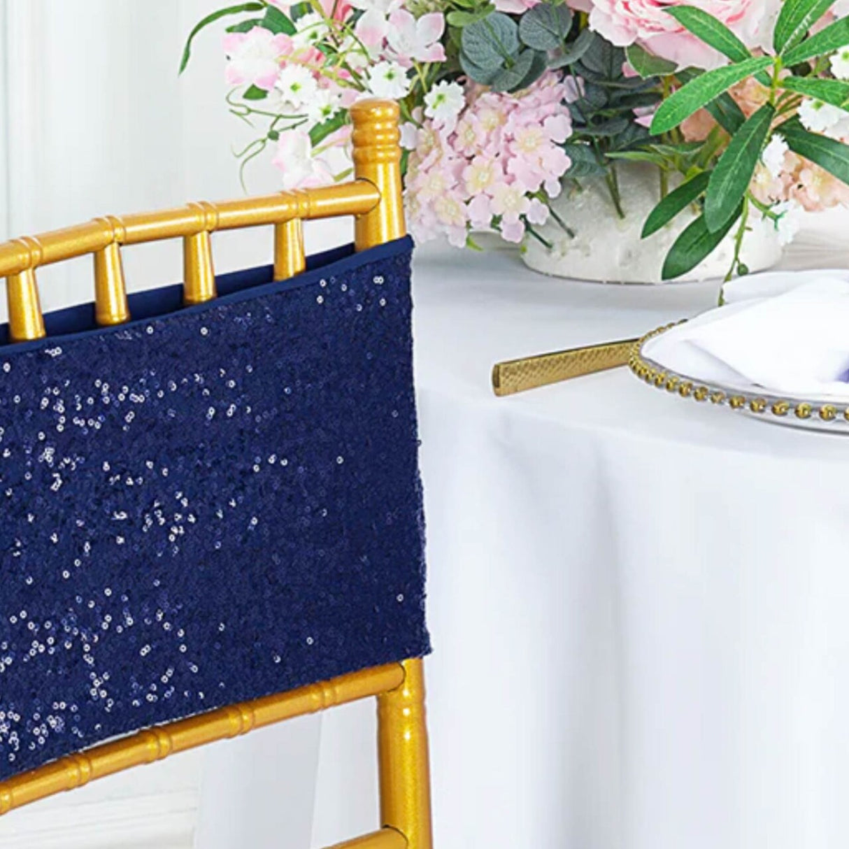 10 Pieces Elegant Navy Blue Sequin Stretch Spandex Chair Bands 7 x 13 Inches