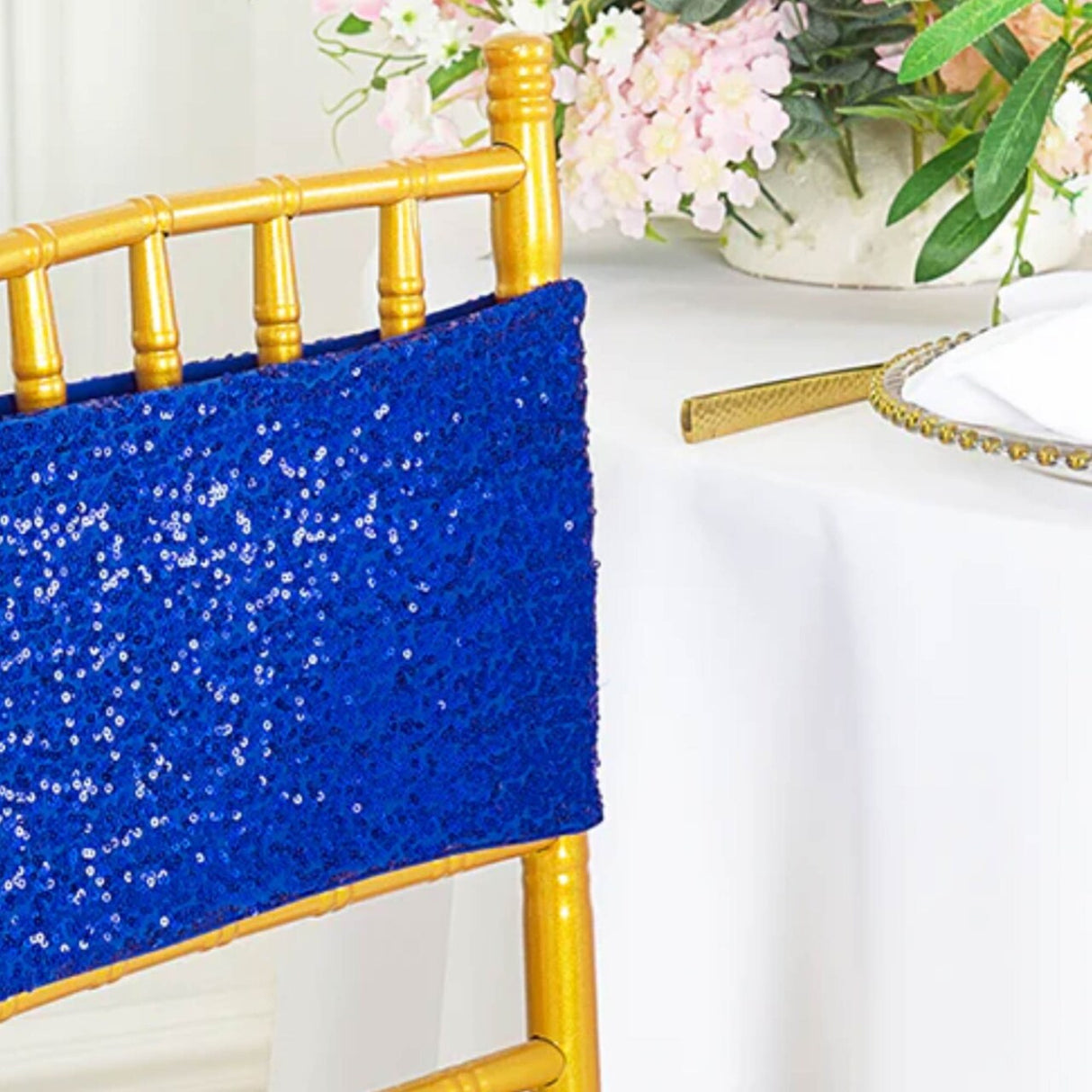 10 Pieces Radiant Royal Blue Sequin Stretch Spandex Chair Bands 7 x 13 Inches