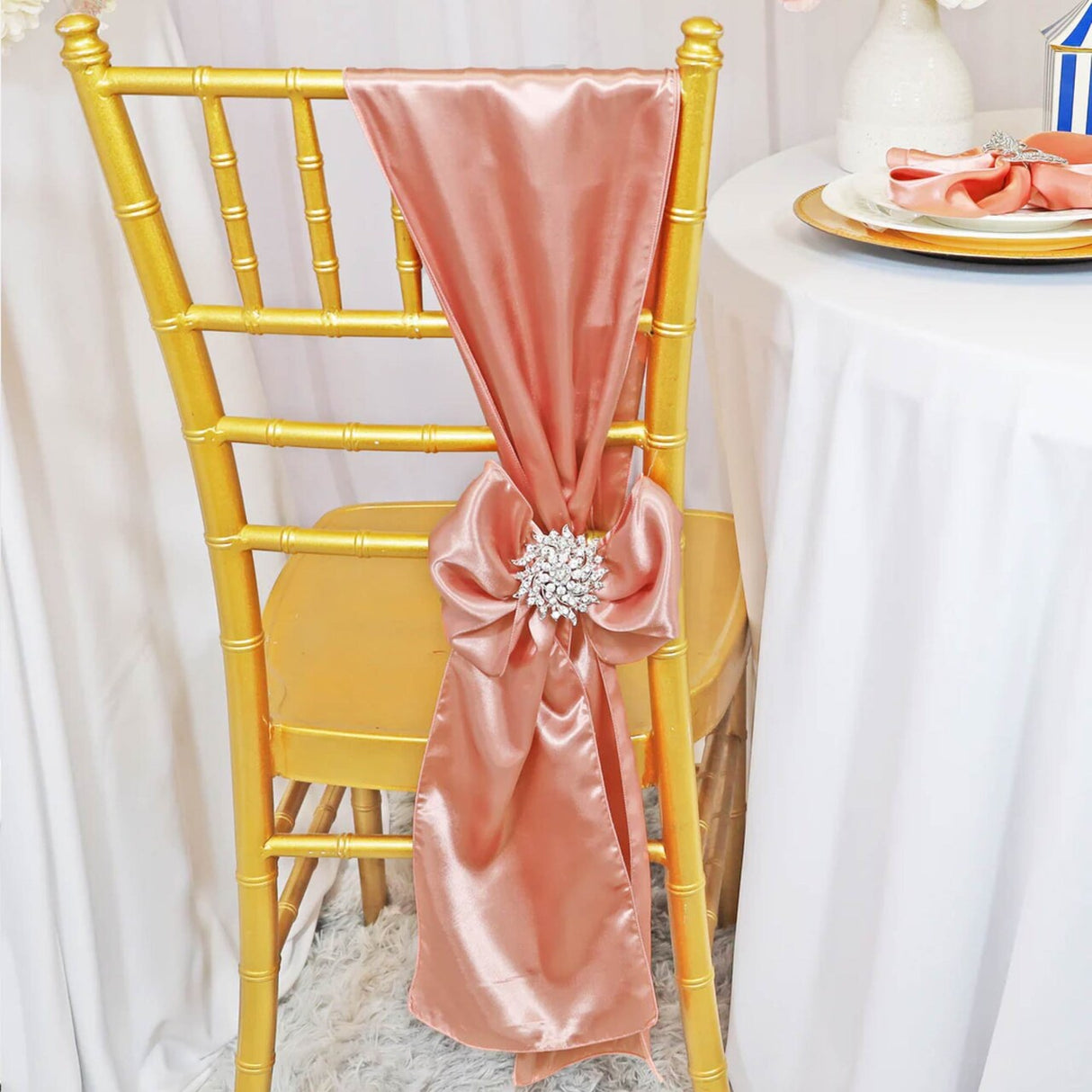 10 Pieces Rose Satin Fabric Chair Wraps, 8"x108" Stylish Event Bands
