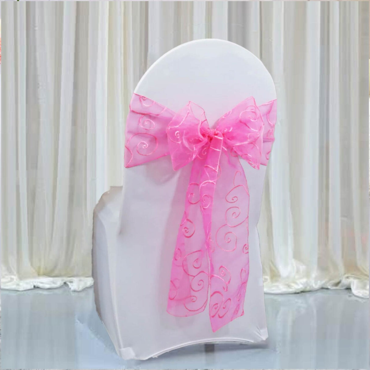 10 Pieces Bubble Gum Embroidered Organza Chair Sashes, Sheer 8"x108" Vibrant Decor