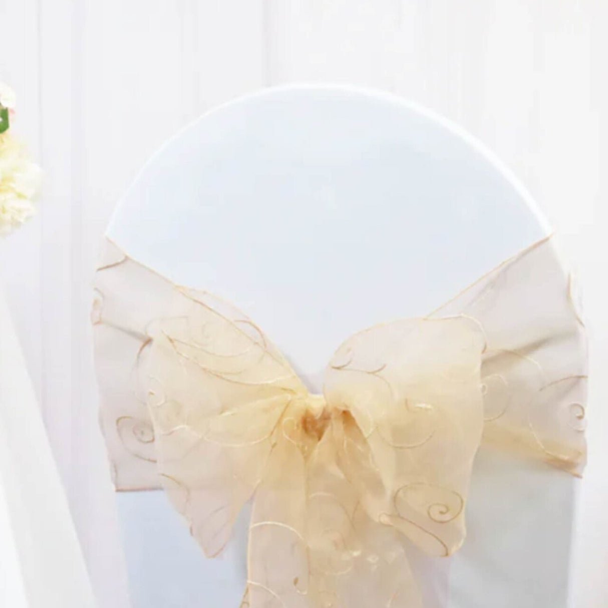 10 Pieces Champagne Embroidered Organza Chair Sashes, Sheer 8"x108" Elegant Decor