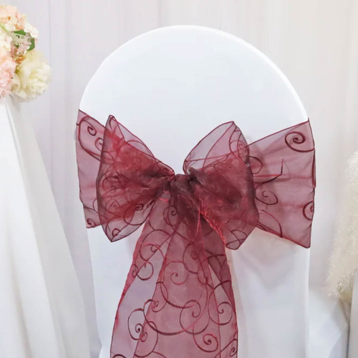 10 Pieces Burgundy Elegant Embroidered Organza Chair Sashes 8"x108" for Special Events