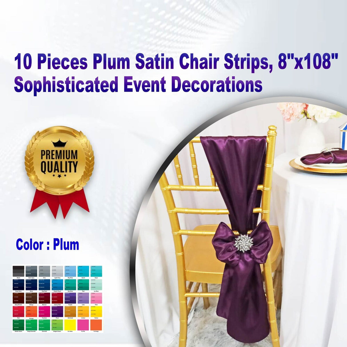 10 Pieces Plum Satin Chair Strips, 8"x108" Sophisticated Event Decorations