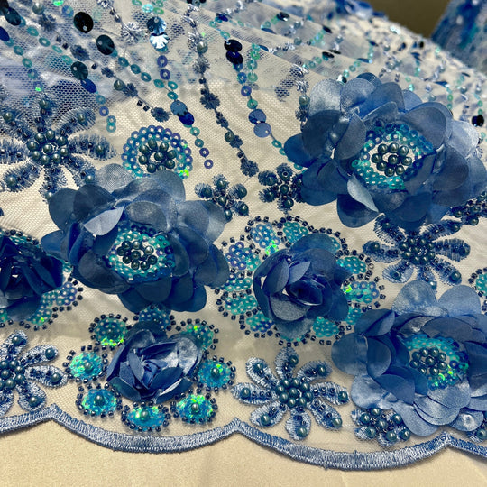1 Yard Beaded Sequined 3D Floral Lace Fabric Embroidered 100 Percent Polyester Net Mesh 52 inch Width