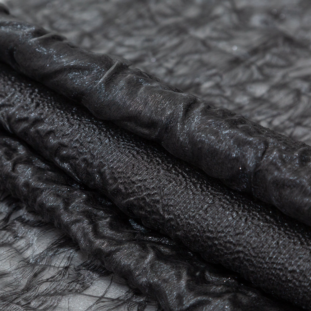 Metallic Double Layer Organza - Black and Silver Iridescent Stripes