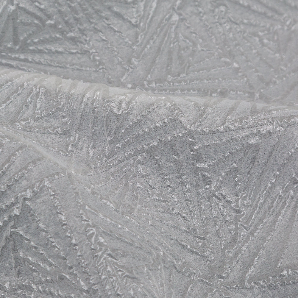 Luminous White Geometric Double-Layer Creped Organza Brocade