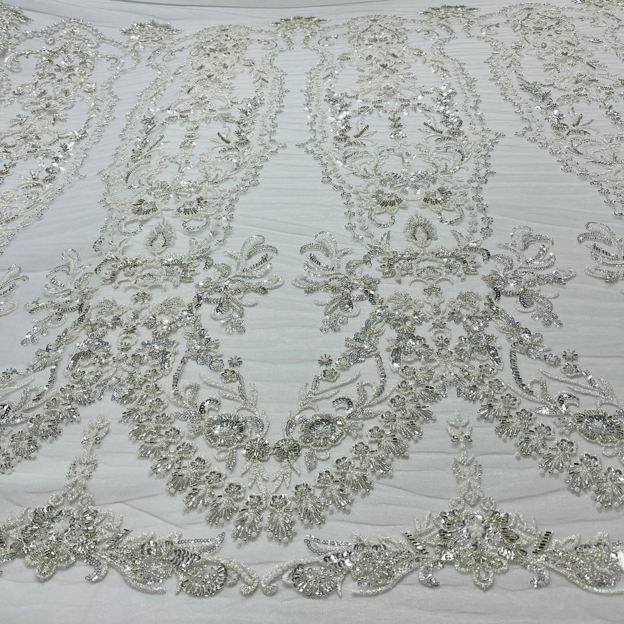 1 Yard Elegant Beaded Lace Fabric Embroidered on Polyester Net Mesh Luxury Couture & Bridal Design 50" Wide