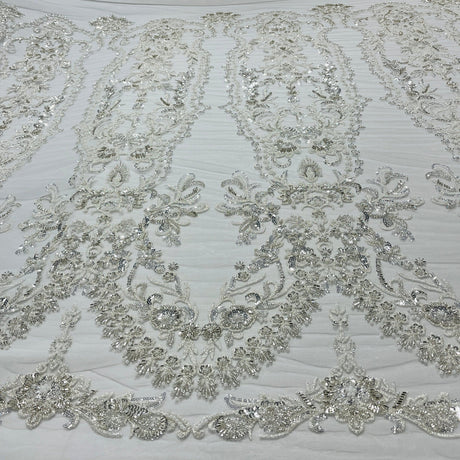 1 Yard Elegant Beaded Lace Fabric Embroidered on Polyester Net Mesh Luxury Couture & Bridal Design 50" Wide
