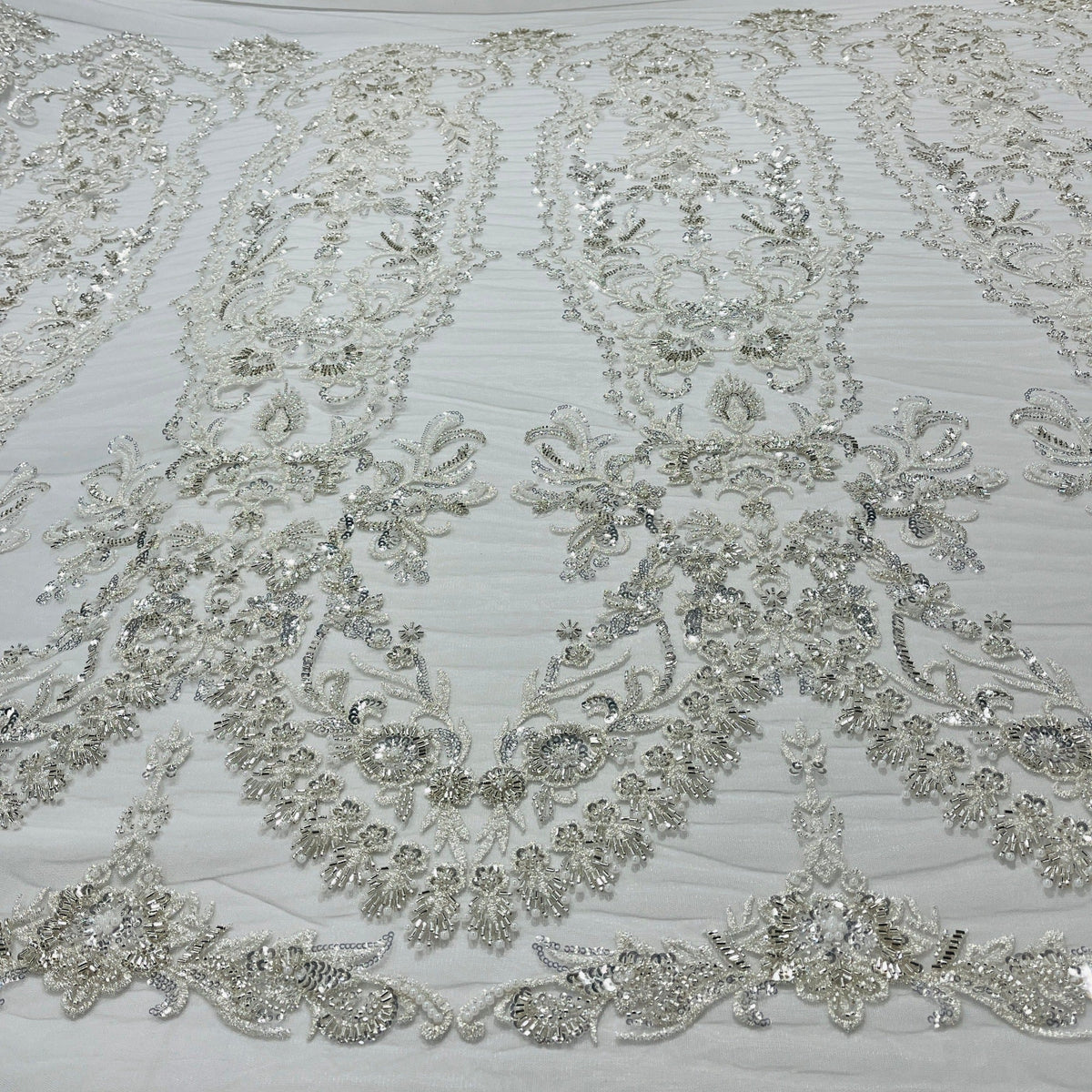 1 Yard Beaded Lace Embroidered 100% Polyester Net Sheer Bridal & Evening Dress Fabric