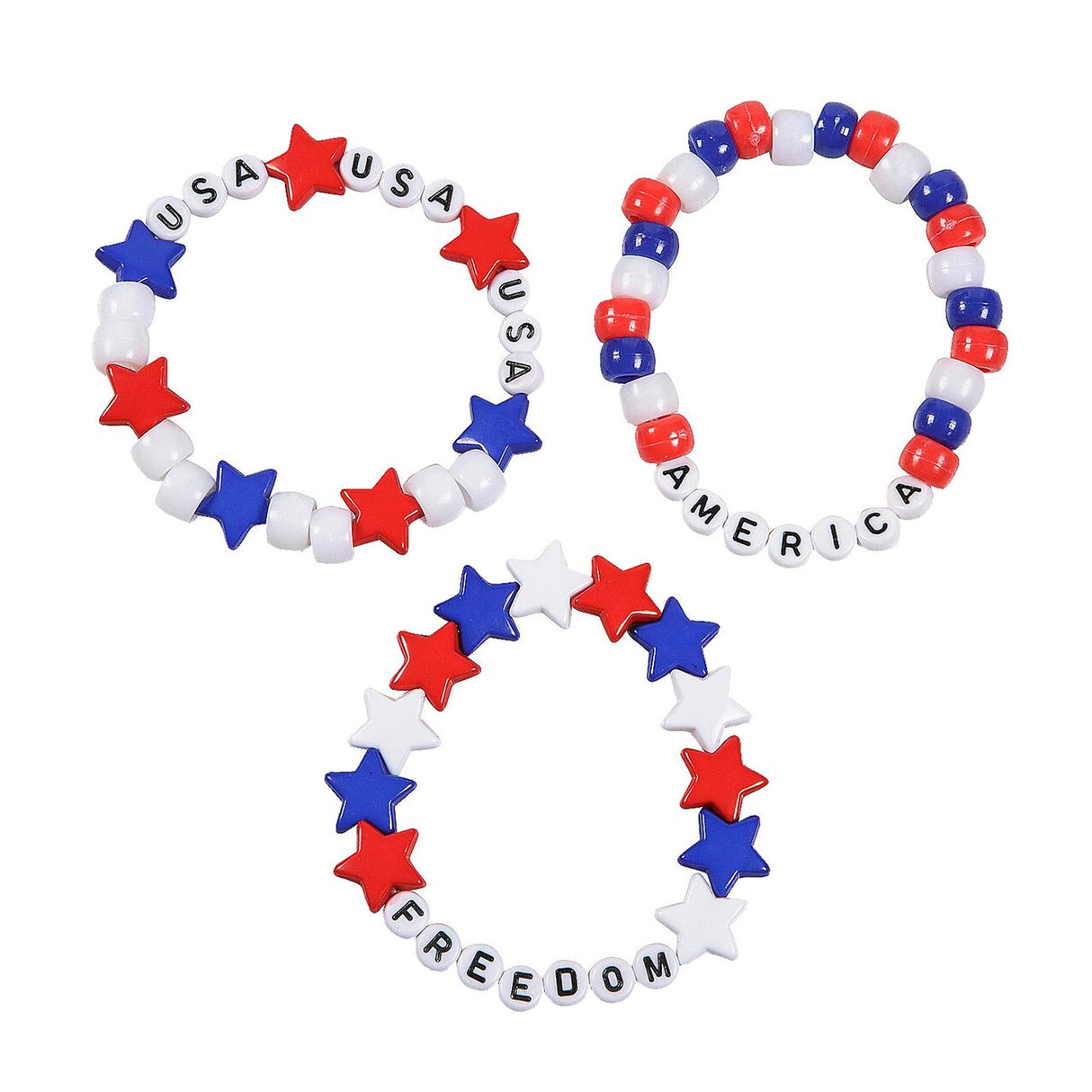 Patriotic Plastic Red, White & Blue Beaded Bracelet Assortment – 12 Pieces