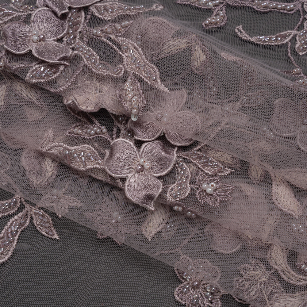 3D Embroidered Lace with Beads and Scalloped Edges - Lilac Floral