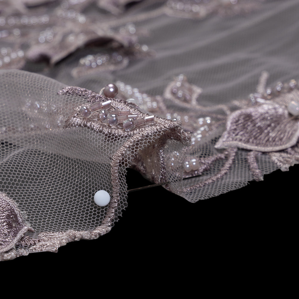 3D Embroidered Lace with Beads and Scalloped Edges - Lilac Floral