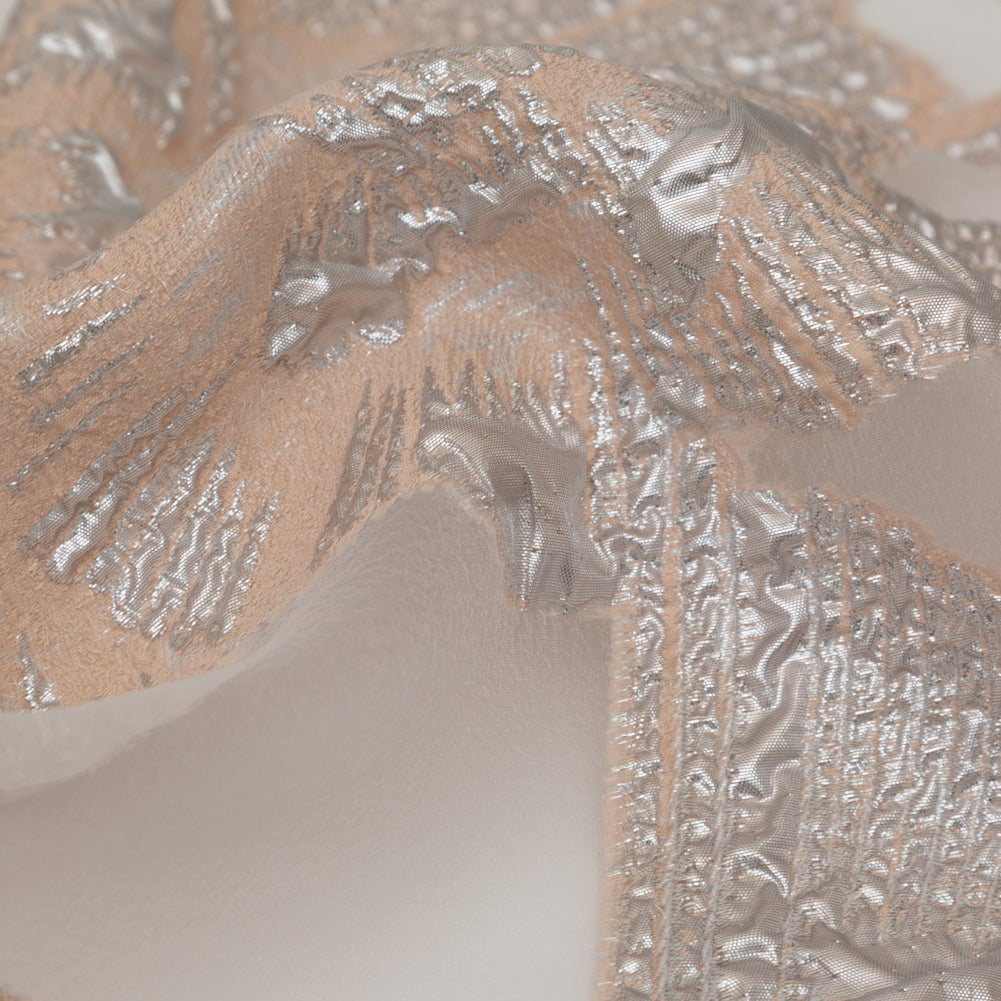 Metallic Silver and Peach Large-Scale Burnout Floral Luxury Brocade