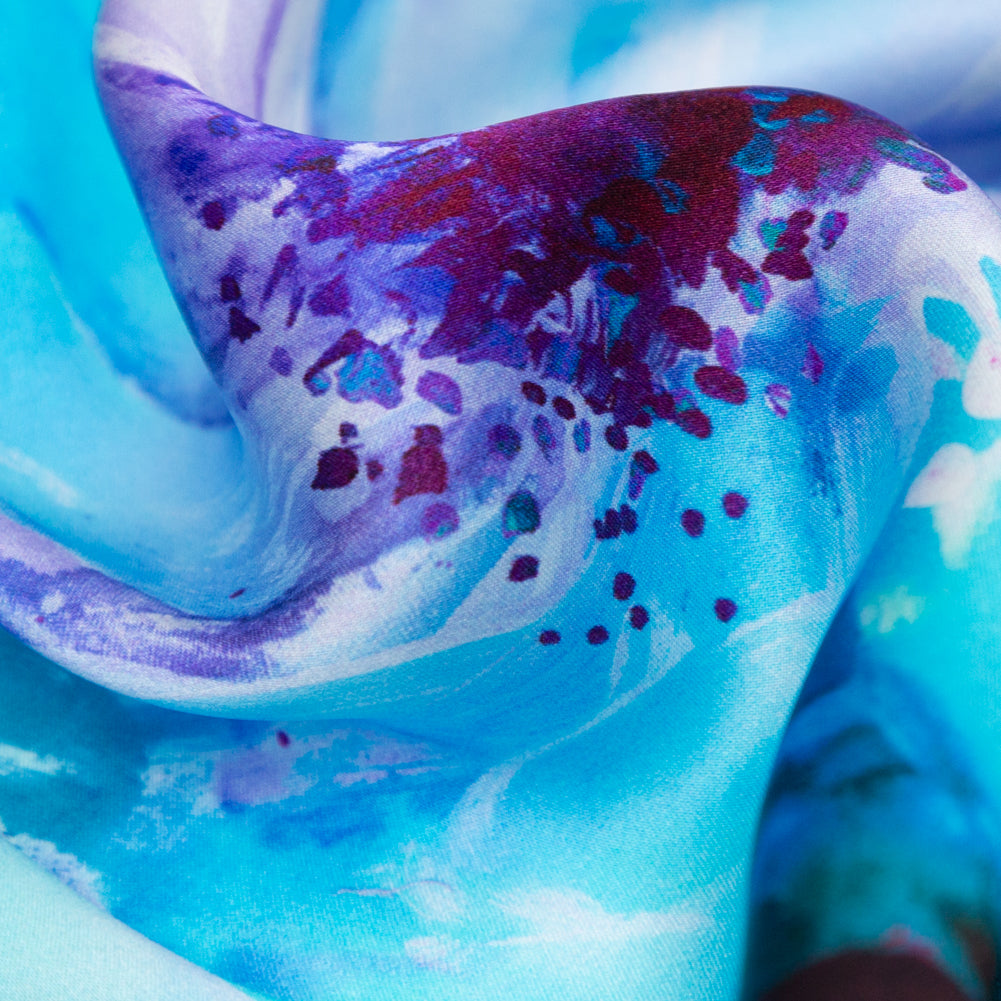Mood Exclusive Italian Blue Windsor Wine and Purple Painterly Floral Digitally Printed Silk Charmeuse