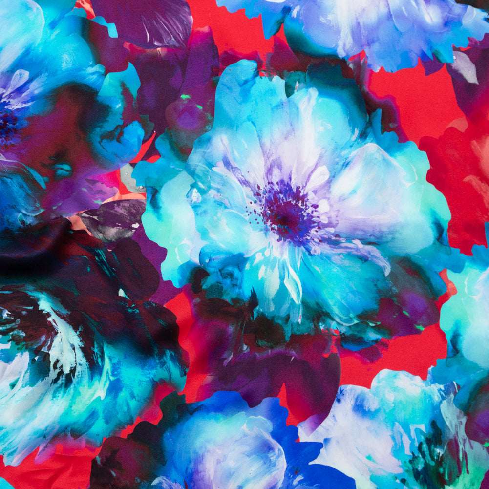Mood Exclusive Italian Blue Windsor Wine and Purple Painterly Floral Digitally Printed Silk Charmeuse