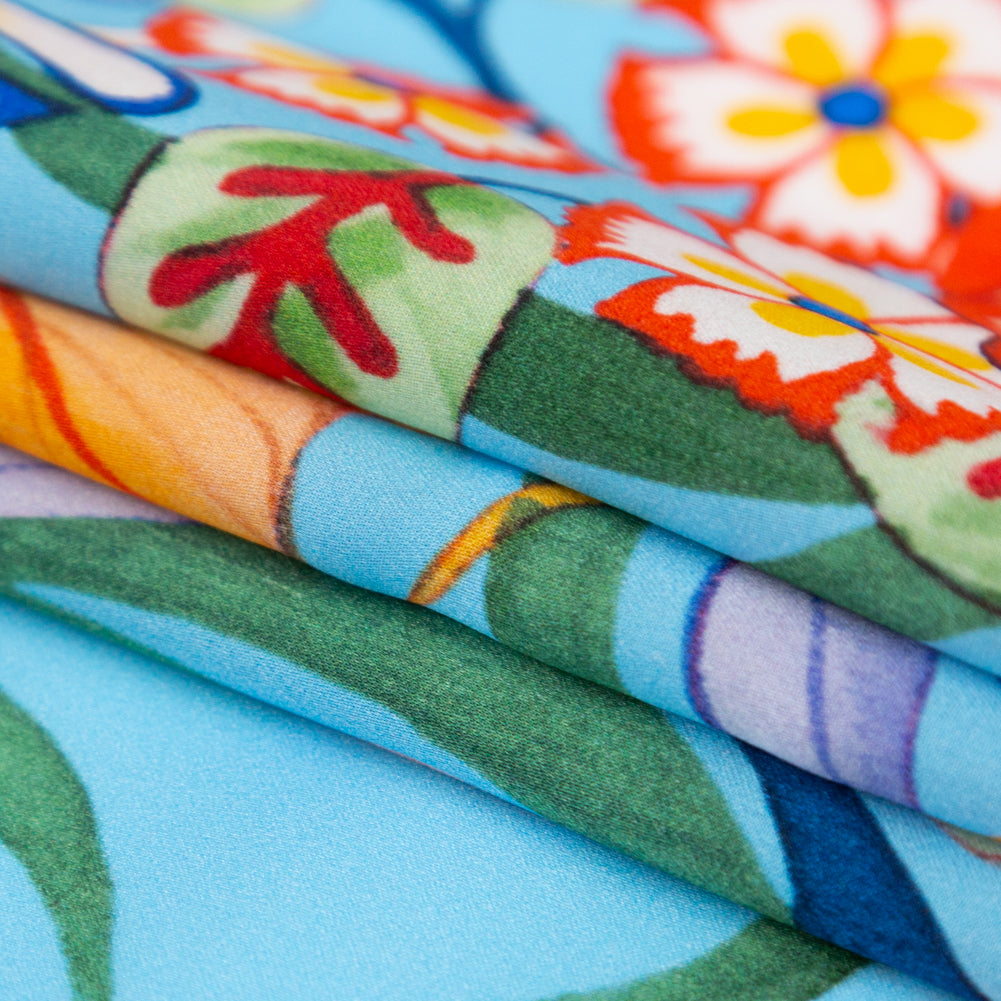 Mood Exclusive Italian Burnt Ochre and Heritage Blue Floral Digitally Printed Silk Charmeuse
