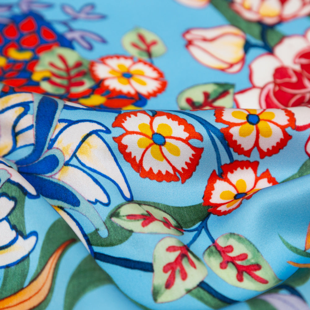 Mood Exclusive Italian Burnt Ochre and Heritage Blue Floral Digitally Printed Silk Charmeuse