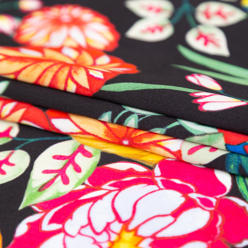 Mood Exclusive Italian Black, Green and Tangerine Floral Digitally Printed Silk Charmeuse