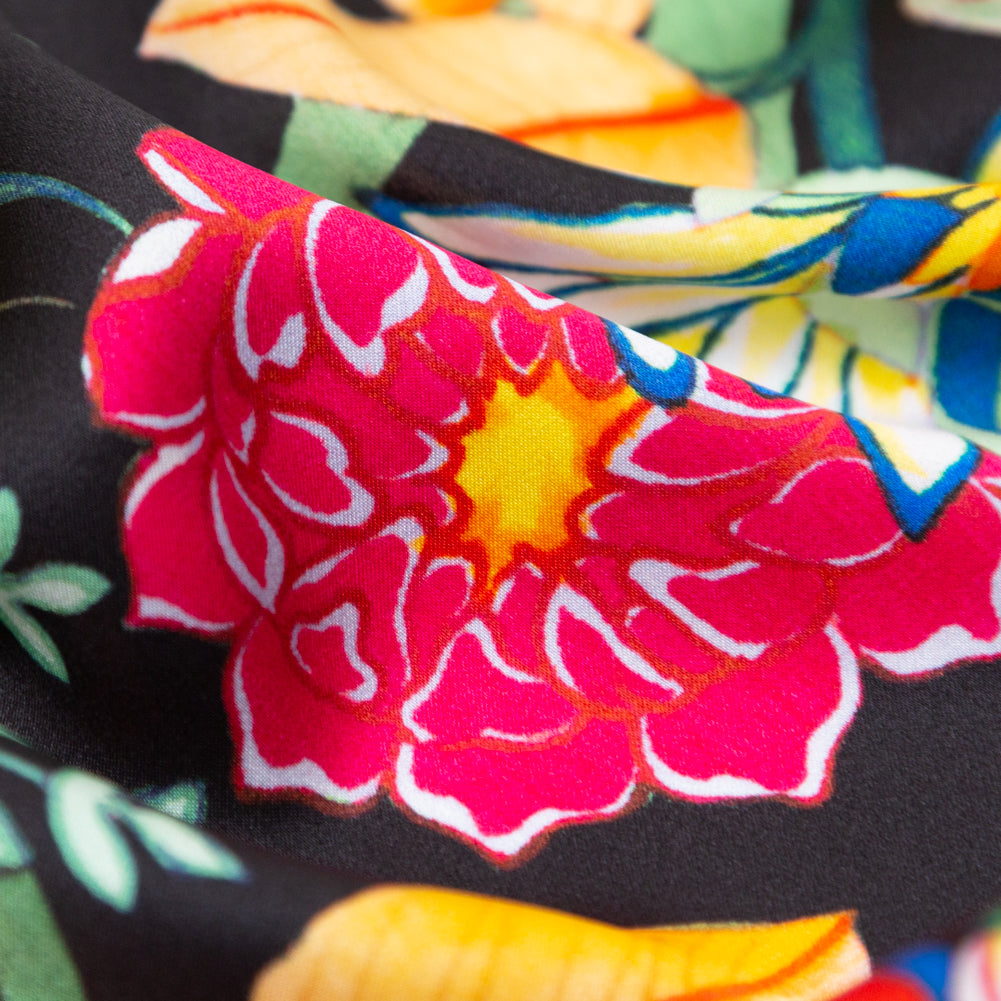 Mood Exclusive Italian Black, Green and Tangerine Floral Digitally Printed Silk Charmeuse