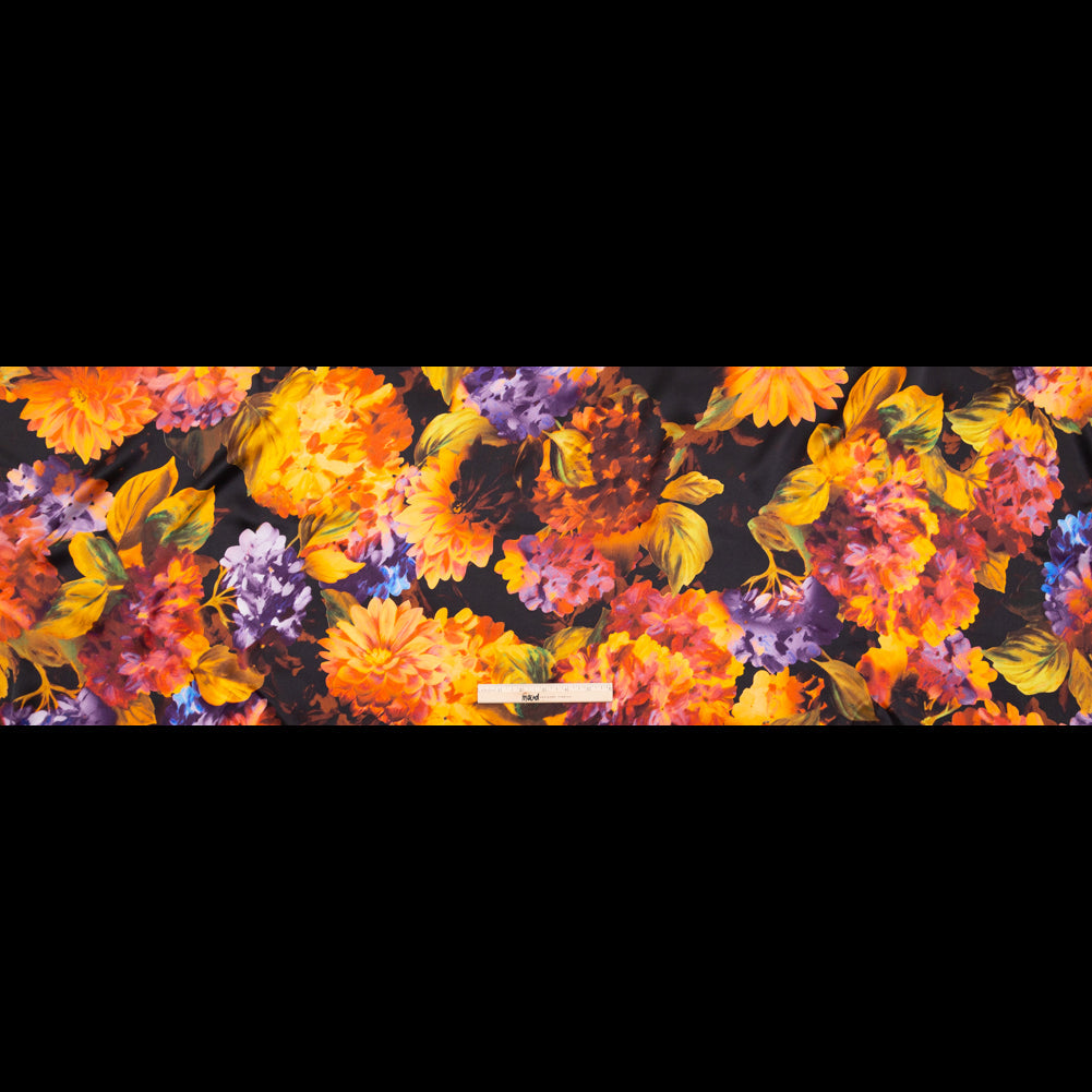 Mood Exclusive Italian Jaffa Orange, Moss and Grape Royale Painterly Floral Digitally Printed Silk Charmeuse