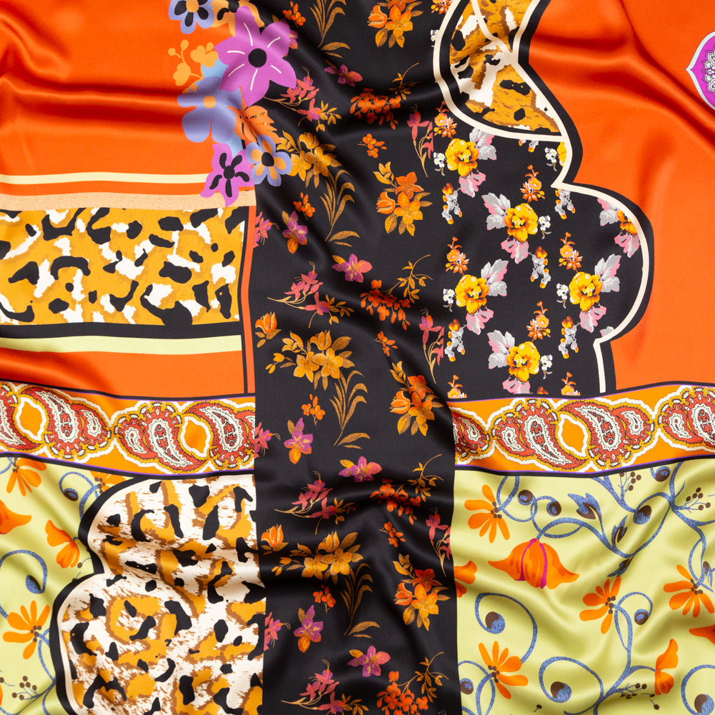 Mood Exclusive Italian Lime, Orange and Amethyst Floral Patchwork Digitally Printed Silk Charmeuse Panel