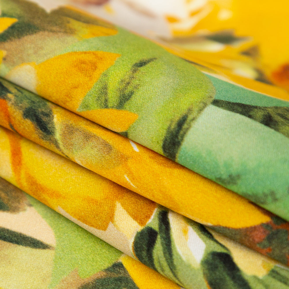 Mood Exclusive Italian Yellow and Green Sunflowers Digitally Printed Silk Charmeuse