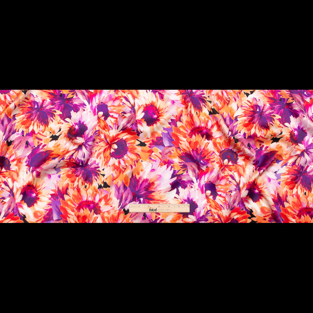 Mood Exclusive Italian Hot Coral and Purple Sunflowers Digitally Printed Silk Charmeuse
