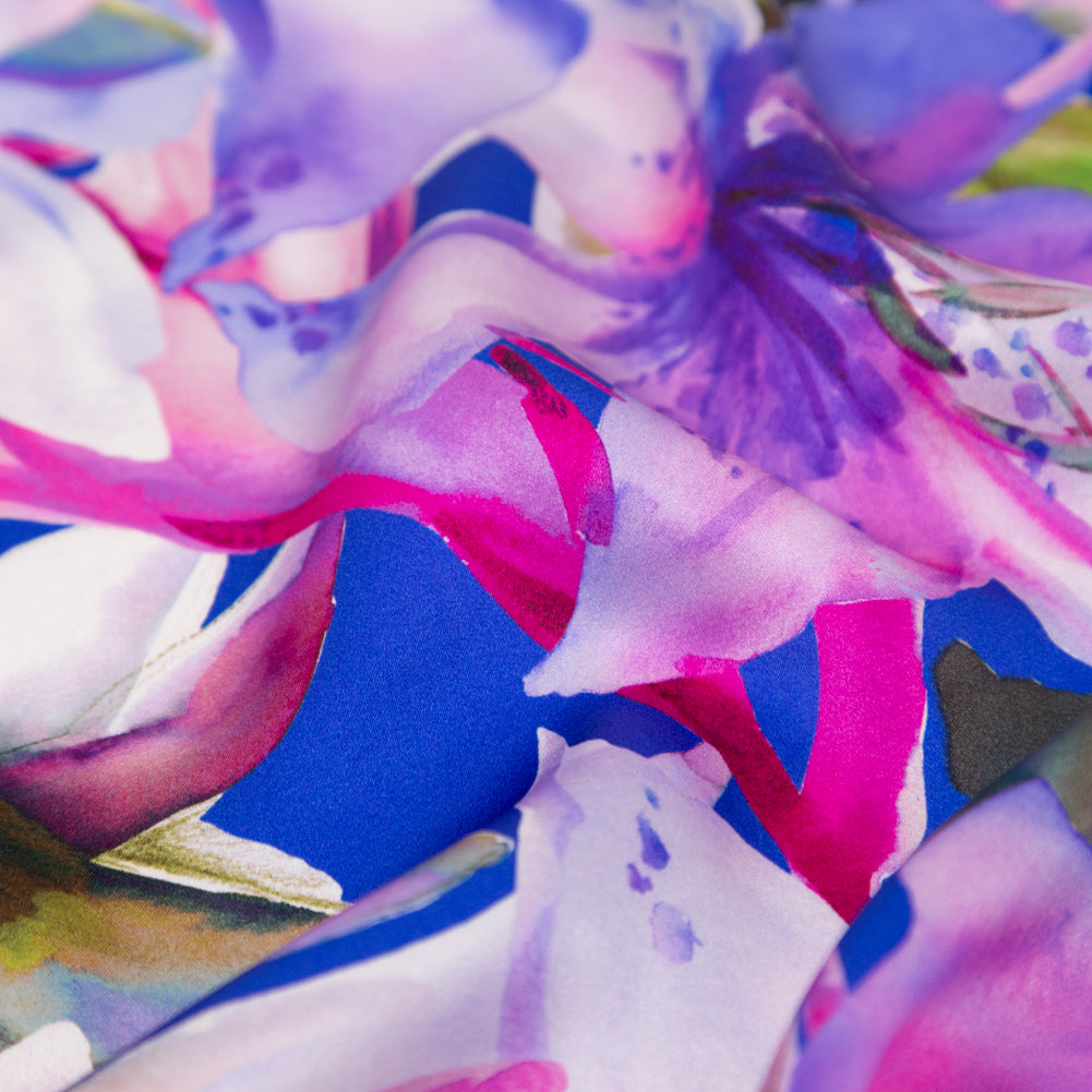 Mood Exclusive Italian Deep Blue and Red Violet Watercolor Floral Digitally Printed Silk Charmeuse