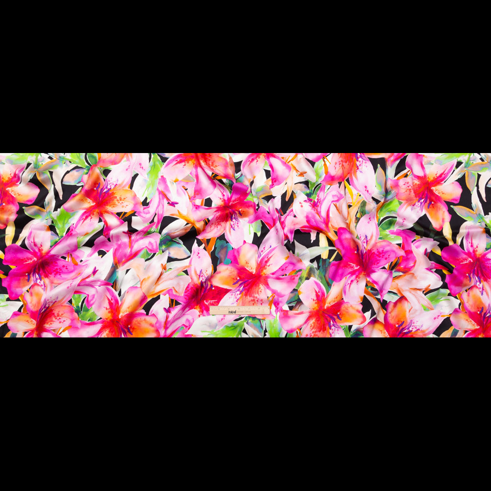 Mood Exclusive Italian Pink and Black Watercolor Floral Digitally Printed Silk Charmeuse