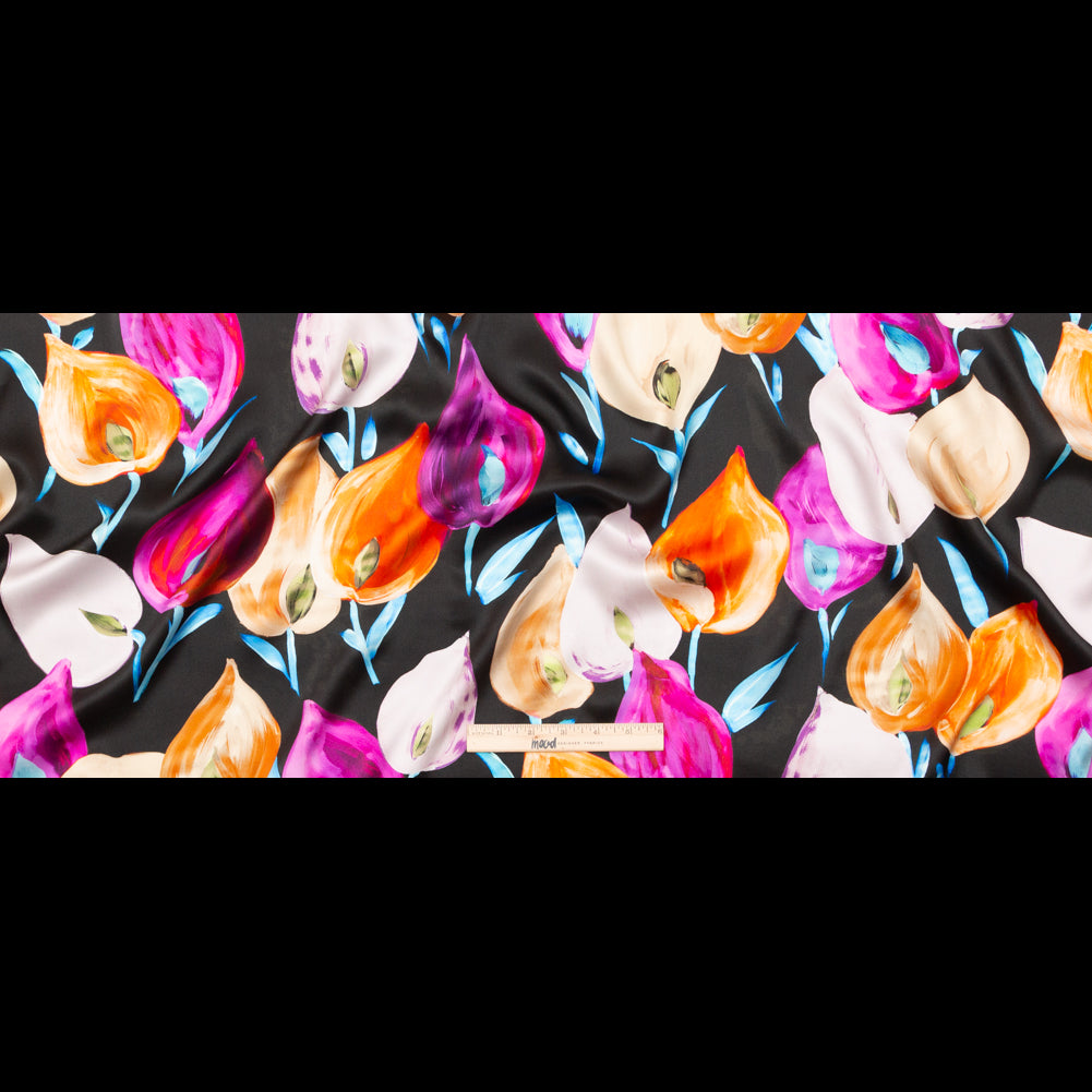 Mood Exclusive Italian Black, Pink and Orange Floral Digitally Printed Silk Charmeuse