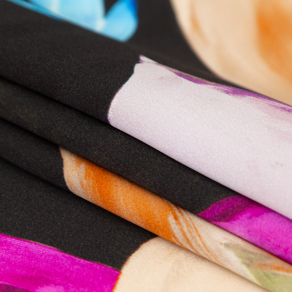 Mood Exclusive Italian Black, Pink and Orange Floral Digitally Printed Silk Charmeuse