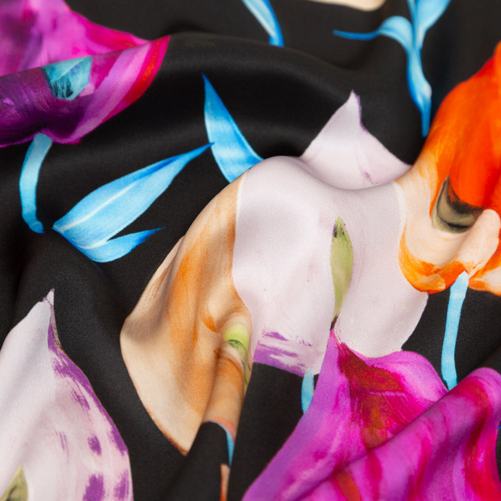 Mood Exclusive Italian Black, Pink and Orange Floral Digitally Printed Silk Charmeuse