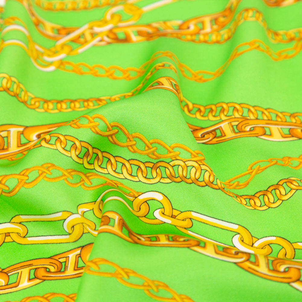 Mood Exclusive Italian Kelly Green and Gold Chains Digitally Printed Silk Charmeuse