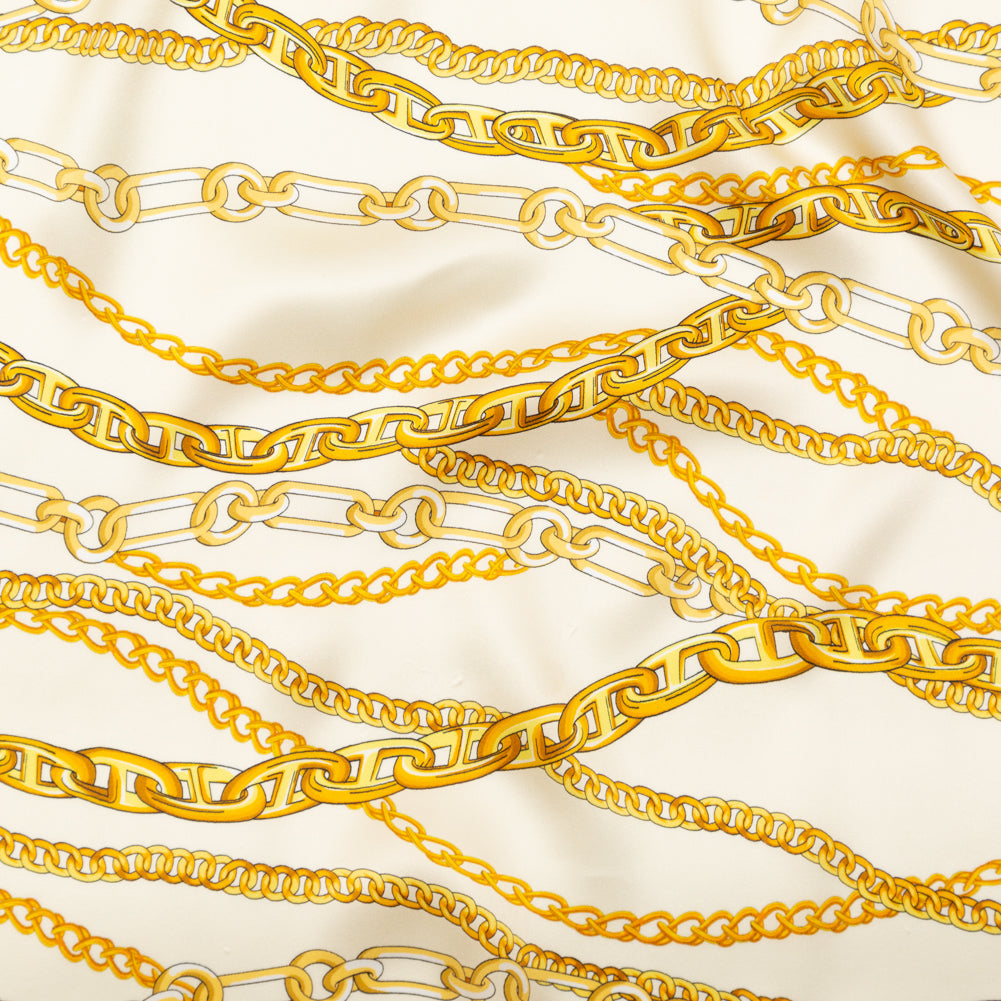 Mood Exclusive Italian Chino Green and Gold Chains Digitally Printed Silk Charmeuse