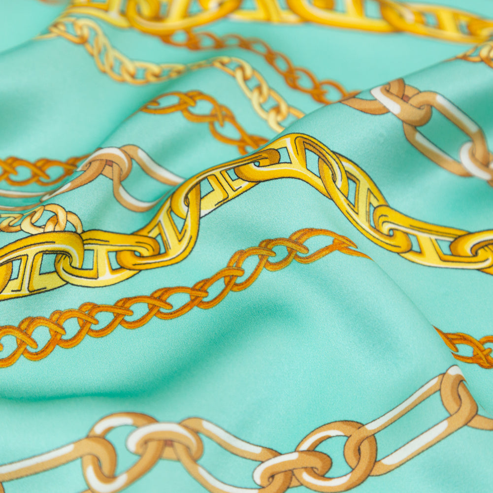 Mood Exclusive Italian Teal and Gold Chains Digitally Printed Silk Charmeuse