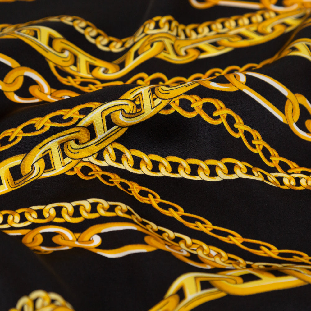 Mood Exclusive Italian Black Bean and Gold Chains Digitally Printed Silk Charmeuse