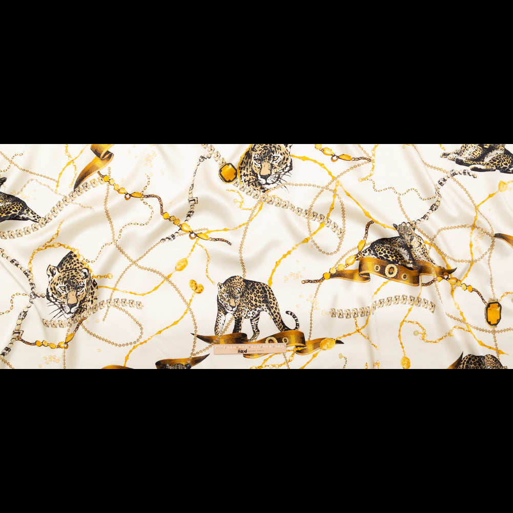 Mood Exclusive Italian Off-White and Gold Cheetahs and Gems Silk Charmeuse