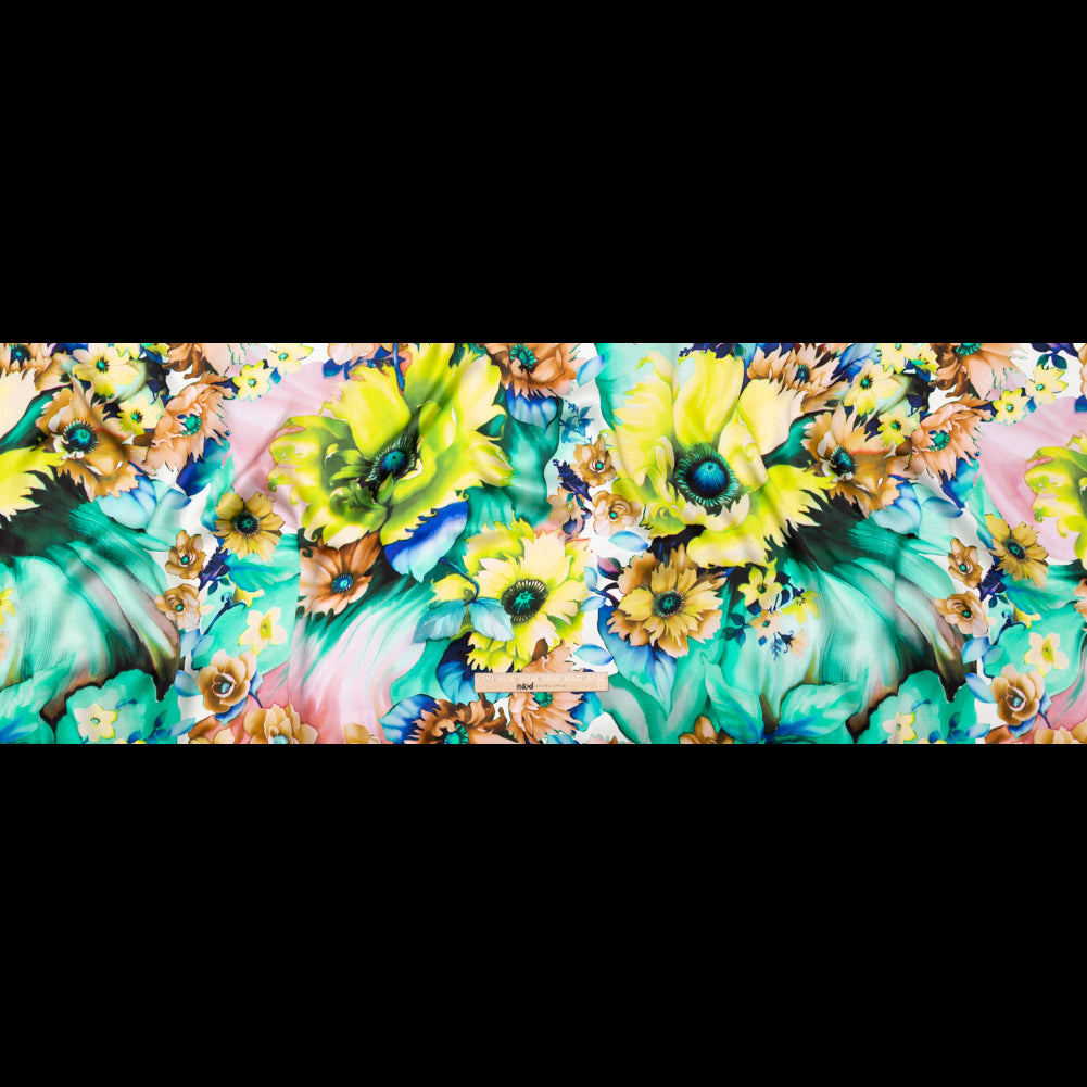 Mood Exclusive Italian Chartreuse and Sea Green Whimsical Floral Digitally Printed Silk Charmeuse