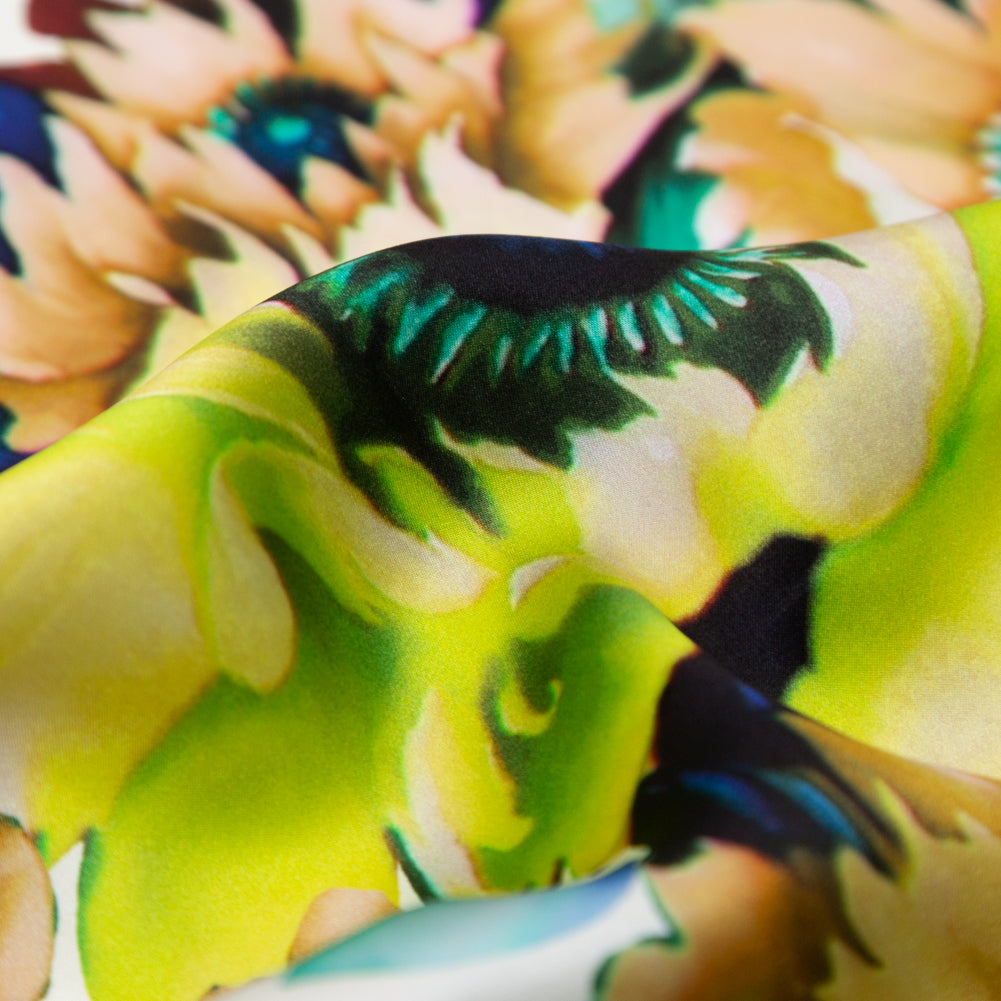 Mood Exclusive Italian Chartreuse and Sea Green Whimsical Floral Digitally Printed Silk Charmeuse