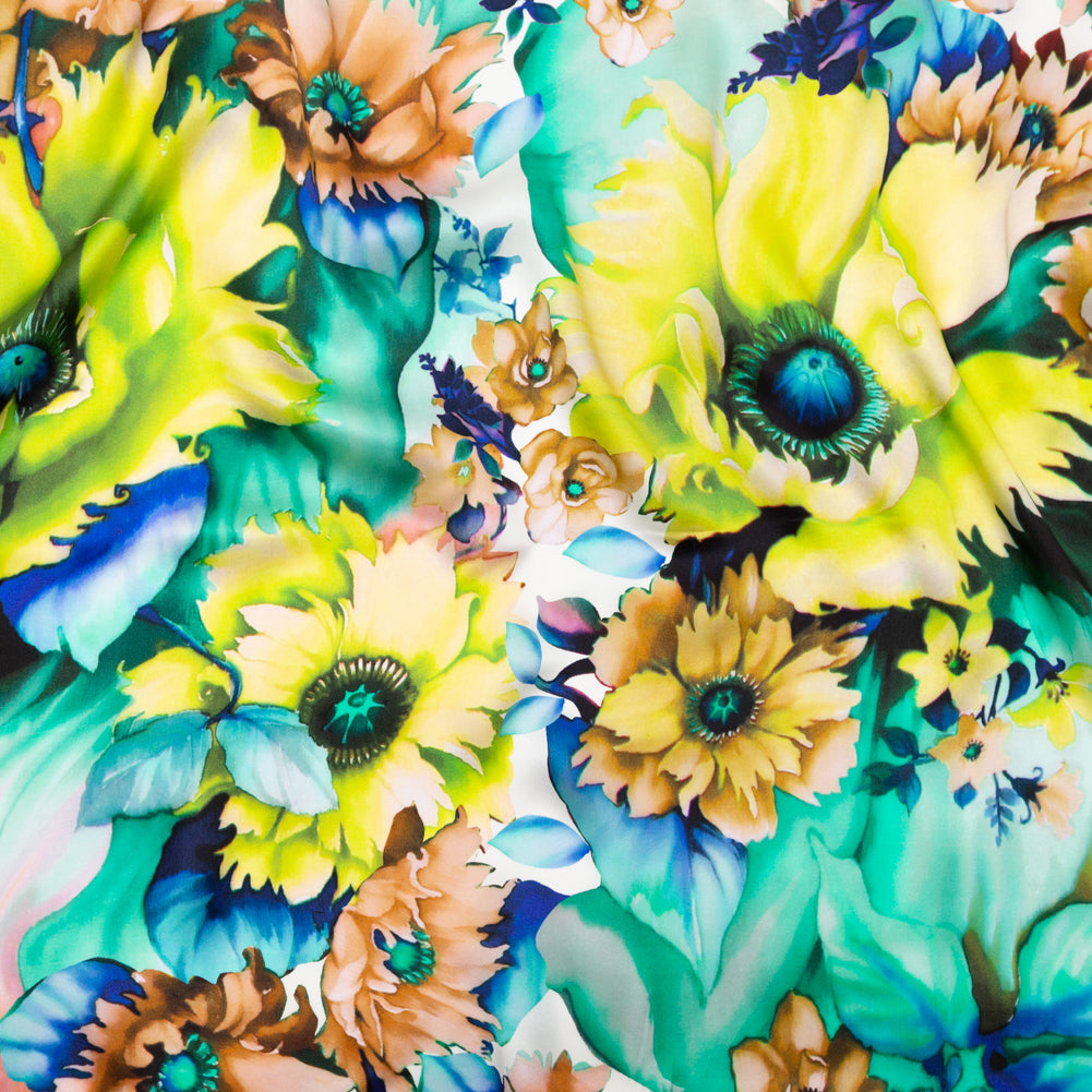 Mood Exclusive Italian Chartreuse and Sea Green Whimsical Floral Digitally Printed Silk Charmeuse