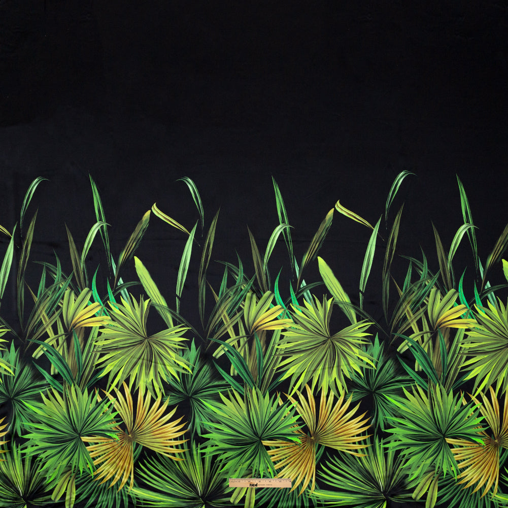 Mood Exclusive Italian Green and Black Palm Leaves Digitally Printed Silk Charmeuse Panel