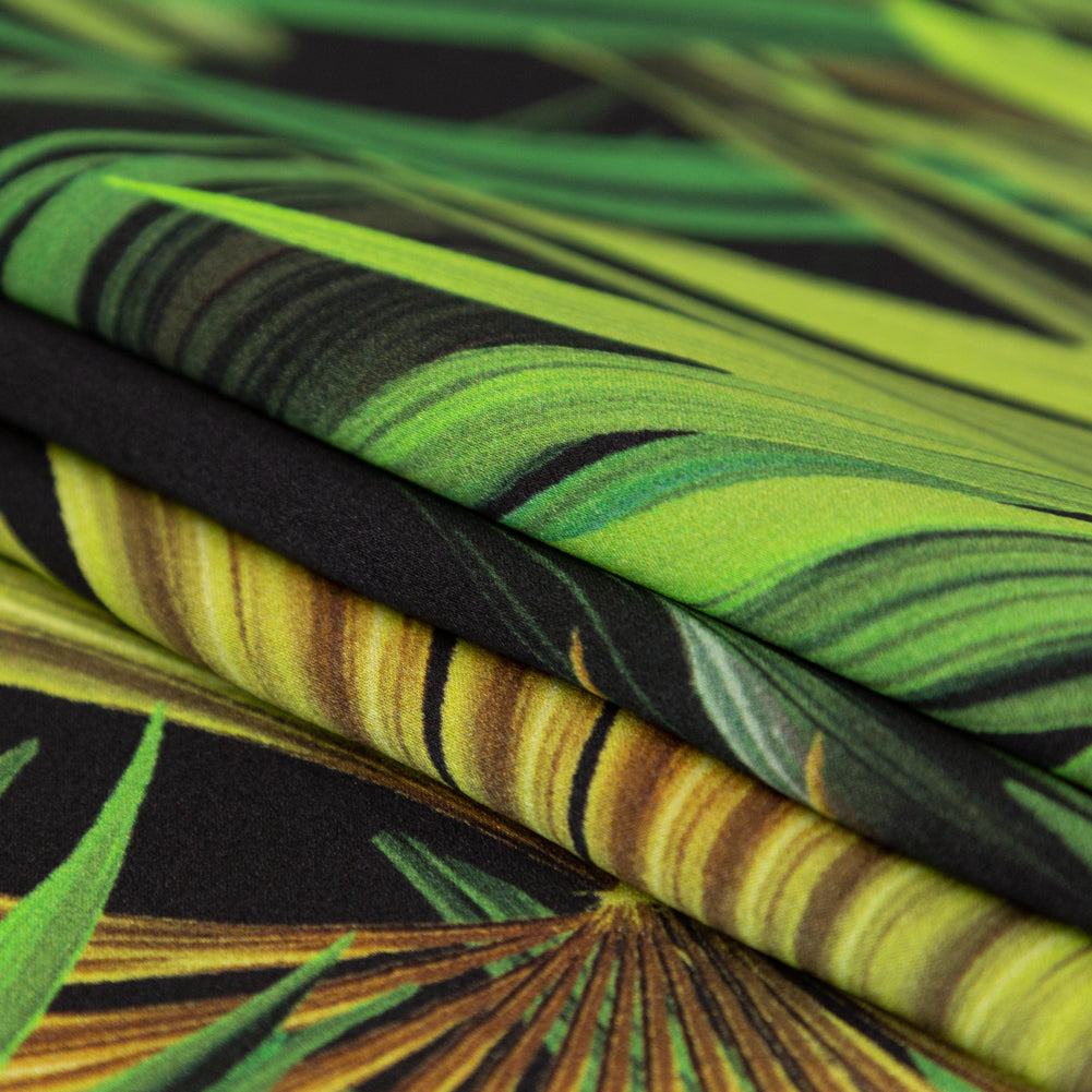 Mood Exclusive Italian Green and Black Palm Leaves Digitally Printed Silk Charmeuse Panel