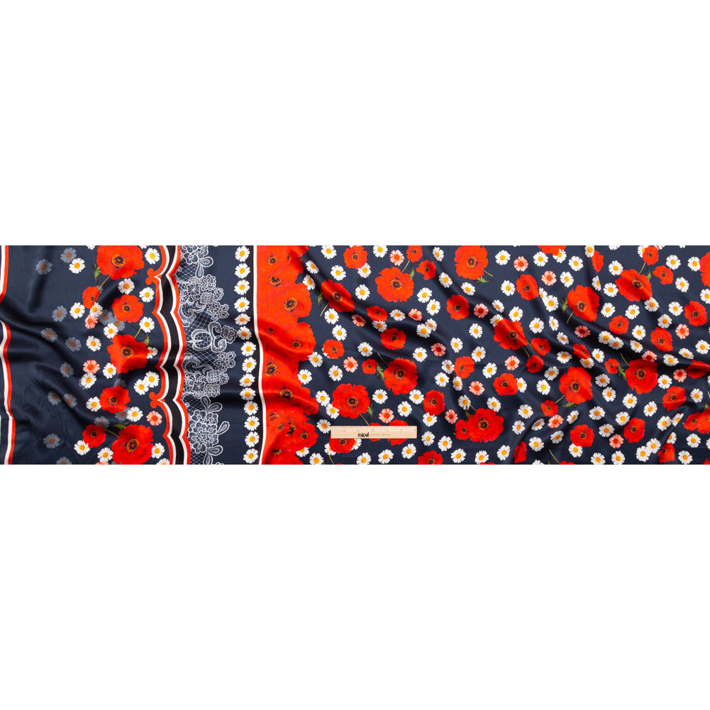 Mood Exclusive Italian Navy, Red and Gray Floral Border Digitally Printed Silk Charmeuse