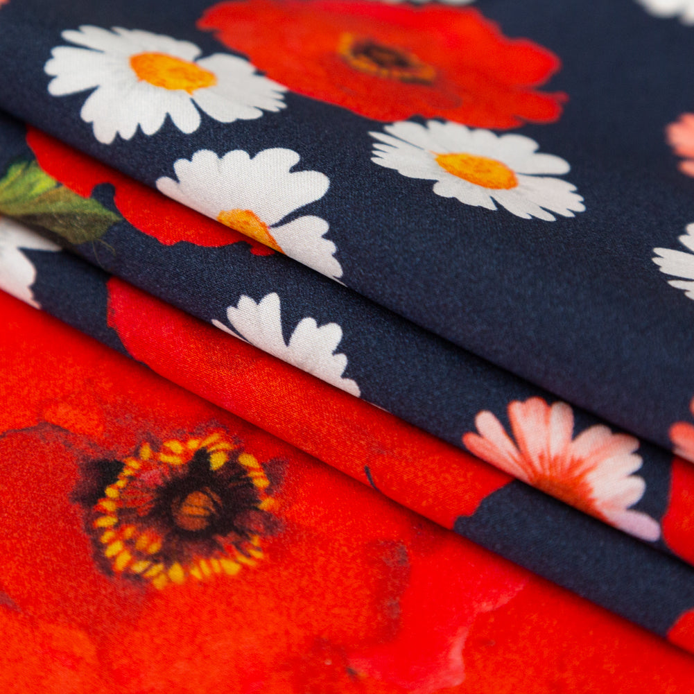 Mood Exclusive Italian Navy, Red and Gray Floral Border Digitally Printed Silk Charmeuse